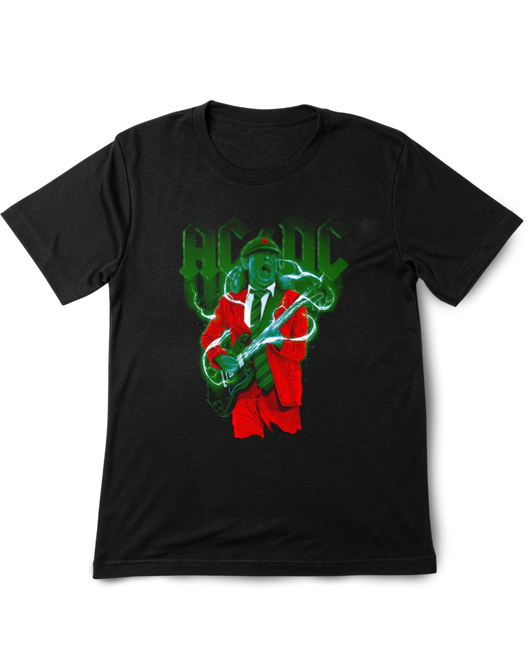 AC/DC Vintage Printed Tee Shirt Black t-shirt with a graphic design of a person playing guitar on a white background