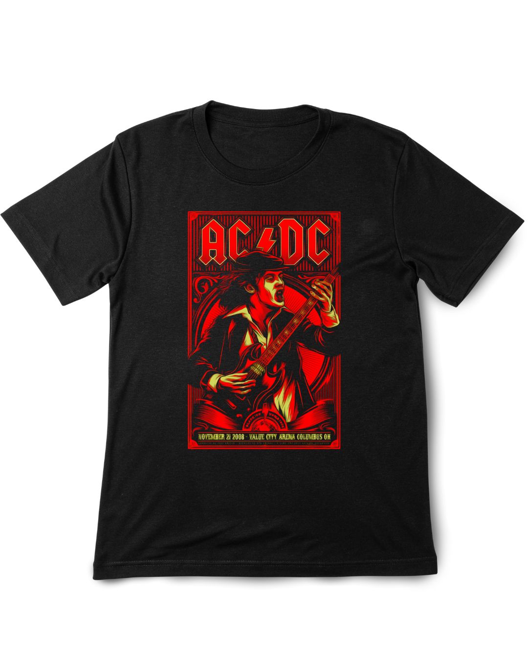Black t-shirt with AC/DC graphic design on a white background