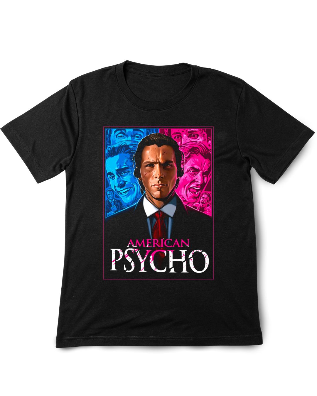 Black t-shirt with 'American Psycho' graphic design featuring a man in a suit and multiple faces.