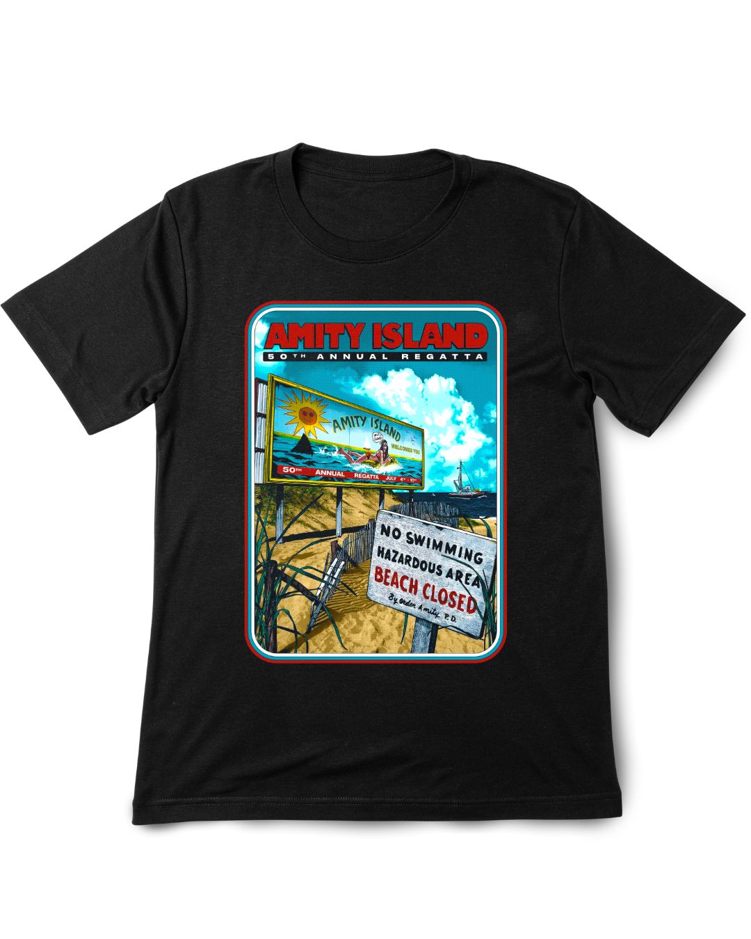 Black t-shirt with a 'Amity Island' graphic design featuring a beach scene and warning signs.