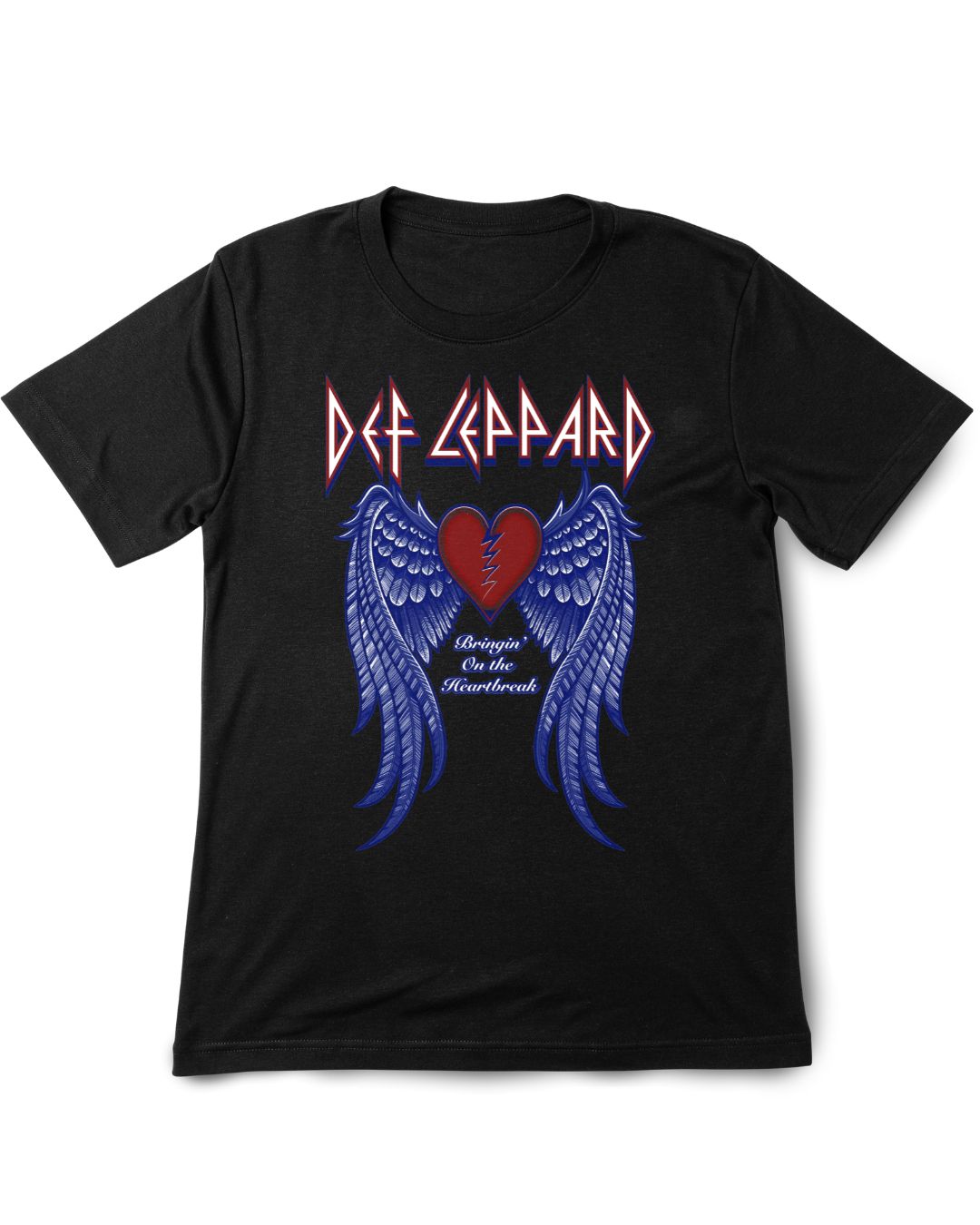 Black t-shirt with Def Leppard logo and heart design on a white background