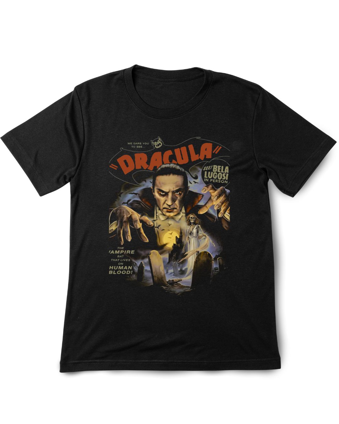 Black t-shirt with 'Dracula' graphic design featuring a vampire on a white background
