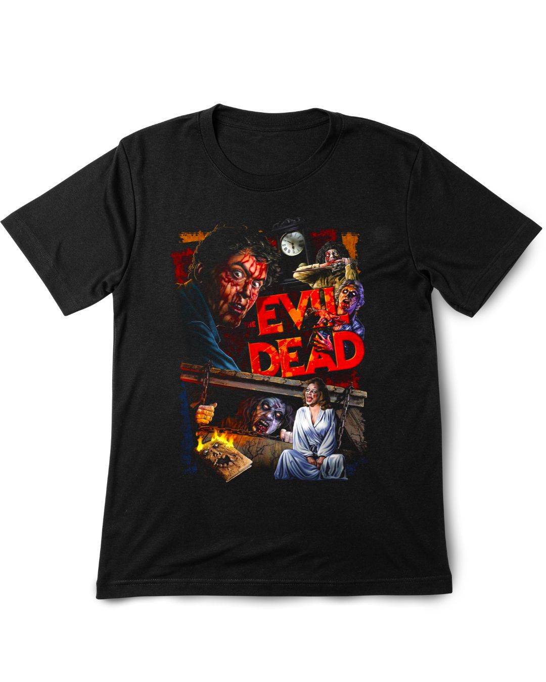 Black t-shirt with 'Evil Dead' graphic design featuring characters and text.