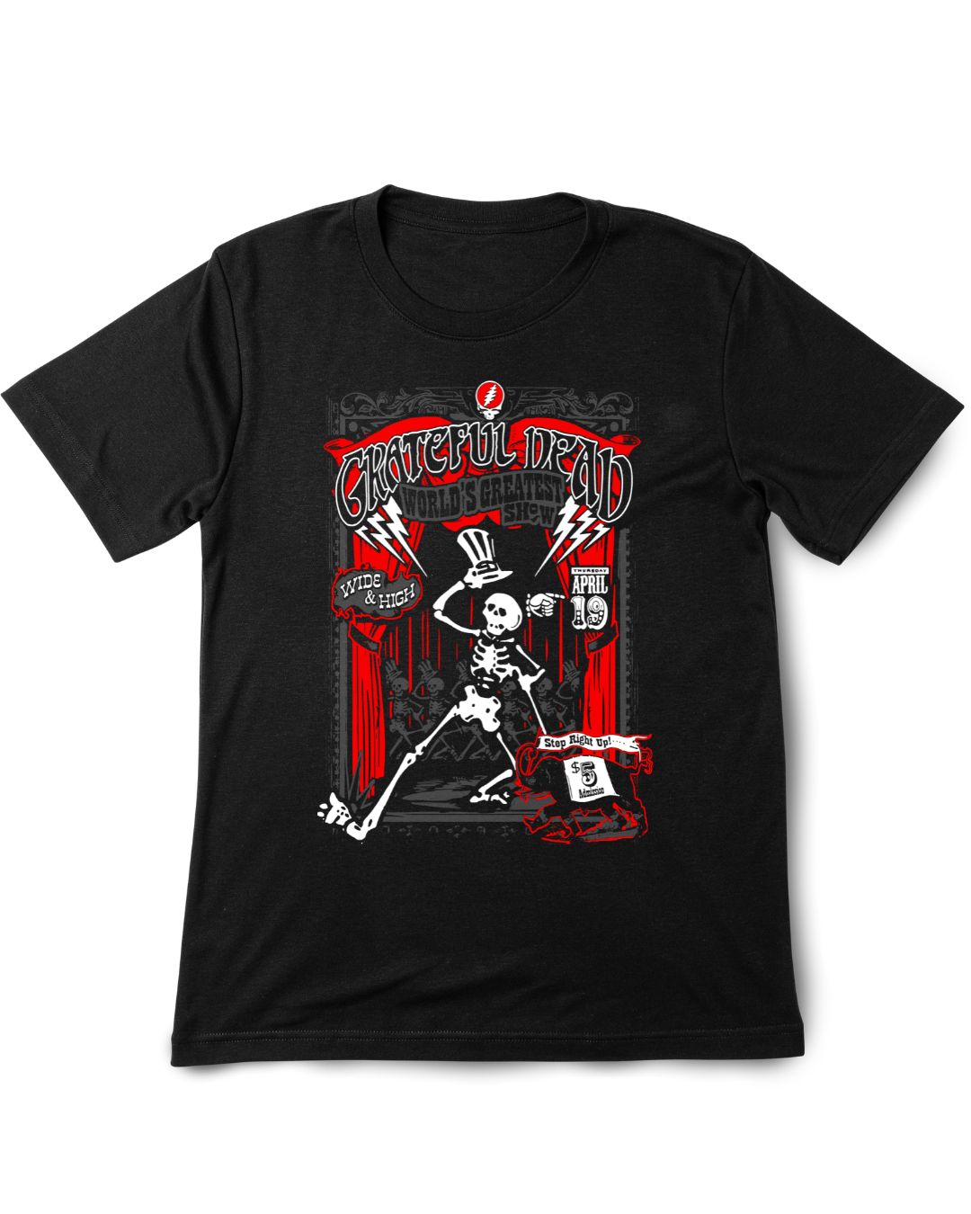Black t-shirt with a skeleton and 'Grateful Dead' design on a white background