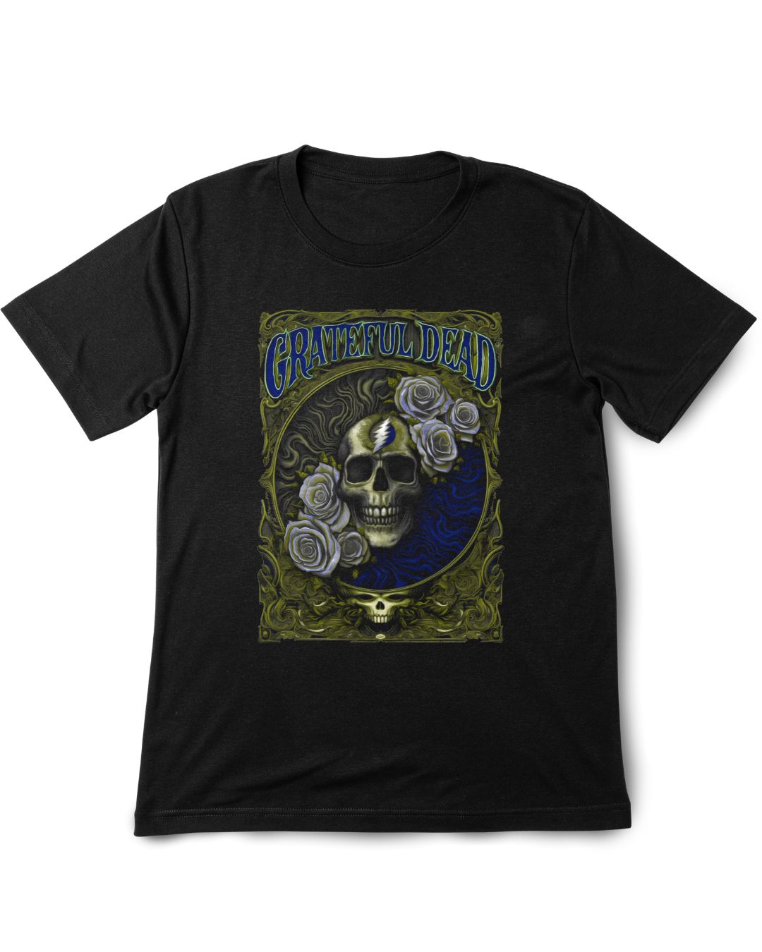 Black t-shirt with Grateful Dead logo featuring a skull and roses on a white background