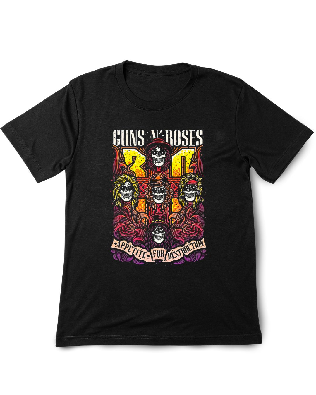 Black t-shirt with colorful 'Guns N' Roses' graphic design on a white background