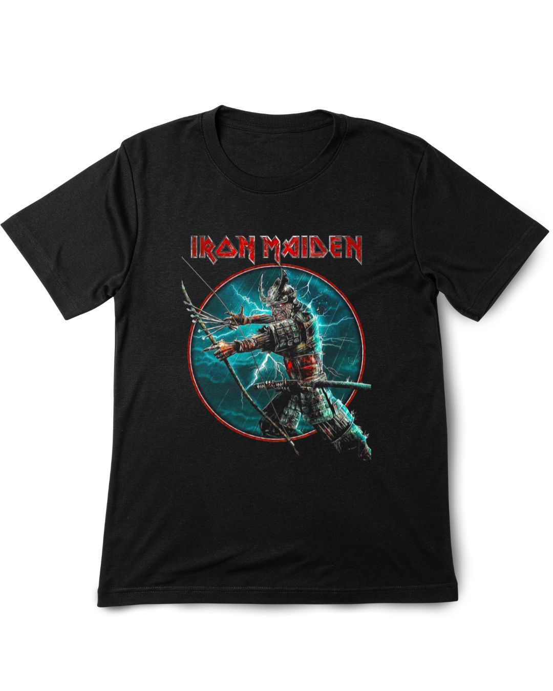 Black t-shirt with Iron Maiden graphic design featuring a warrior and lightning bolt on a white background.