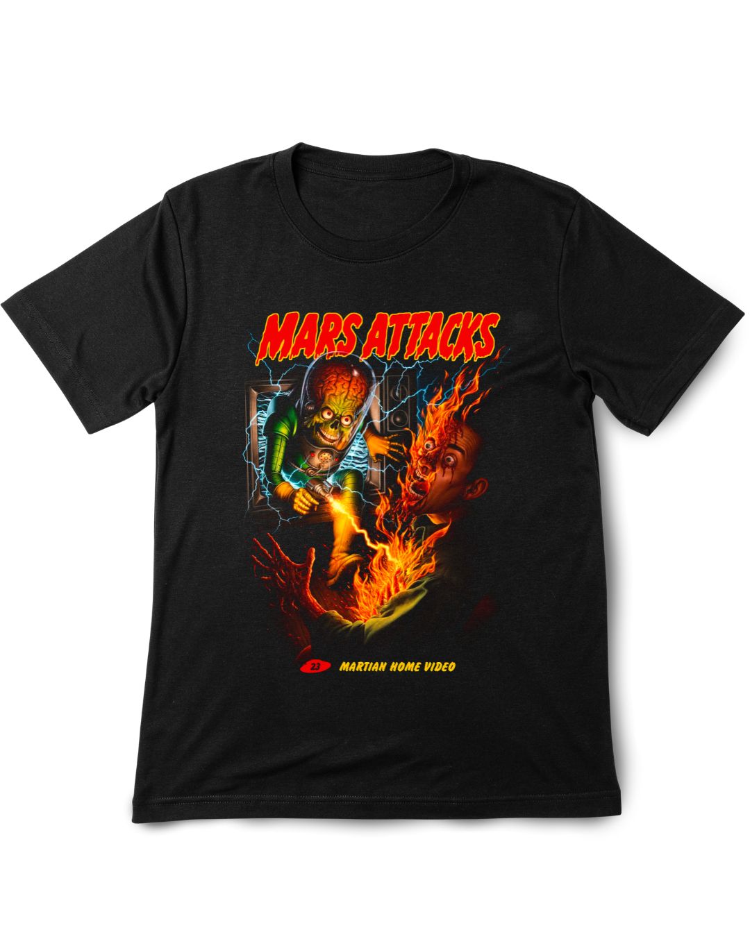 Black t-shirt with 'Mars Attacks' graphic design featuring a fiery battle scene.