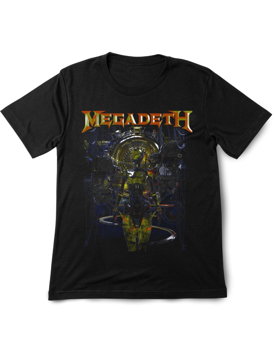 Black t-shirt with Megadeth logo and graphic design on a white background