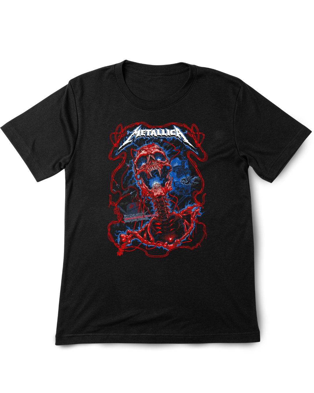 Black t-shirt with a graphic design featuring a skull and the Metallica logo on a white background.