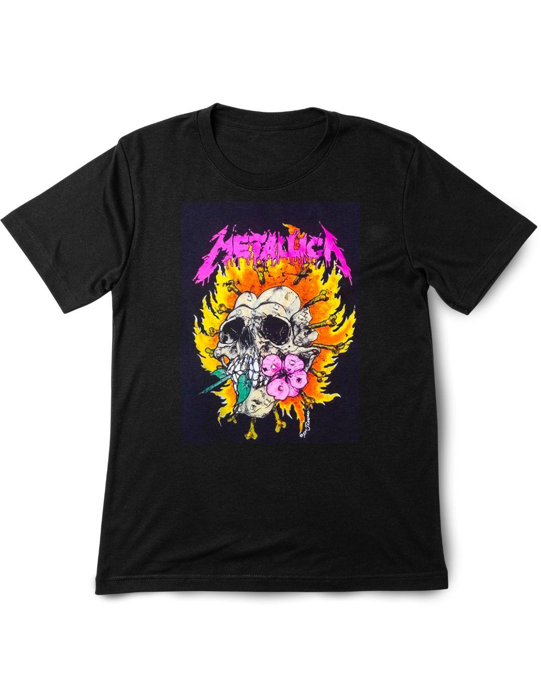 Black t-shirt with colorful skull design and 'Metallica' logo on a white background