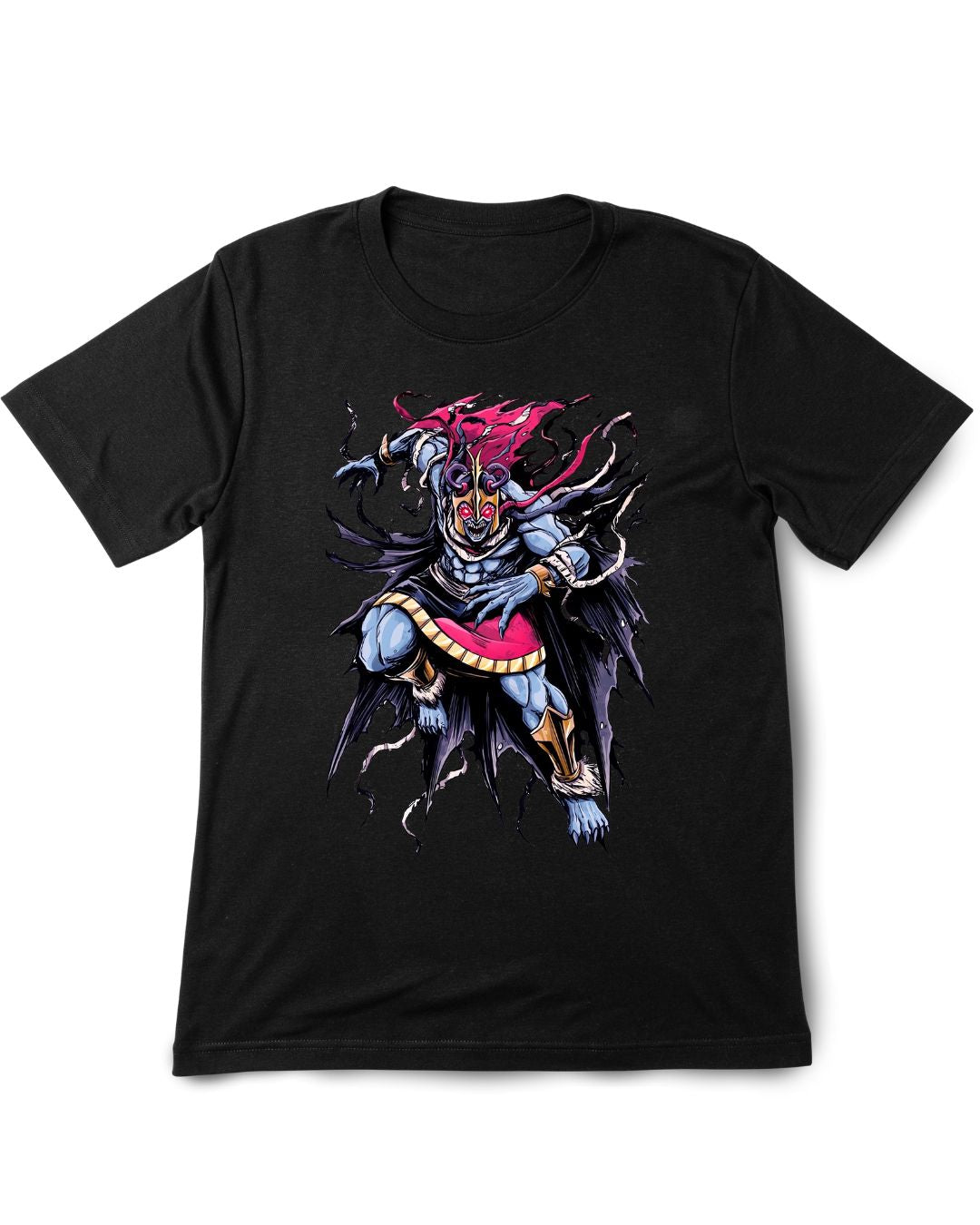 Black t-shirt with a colorful graphic design on a white background