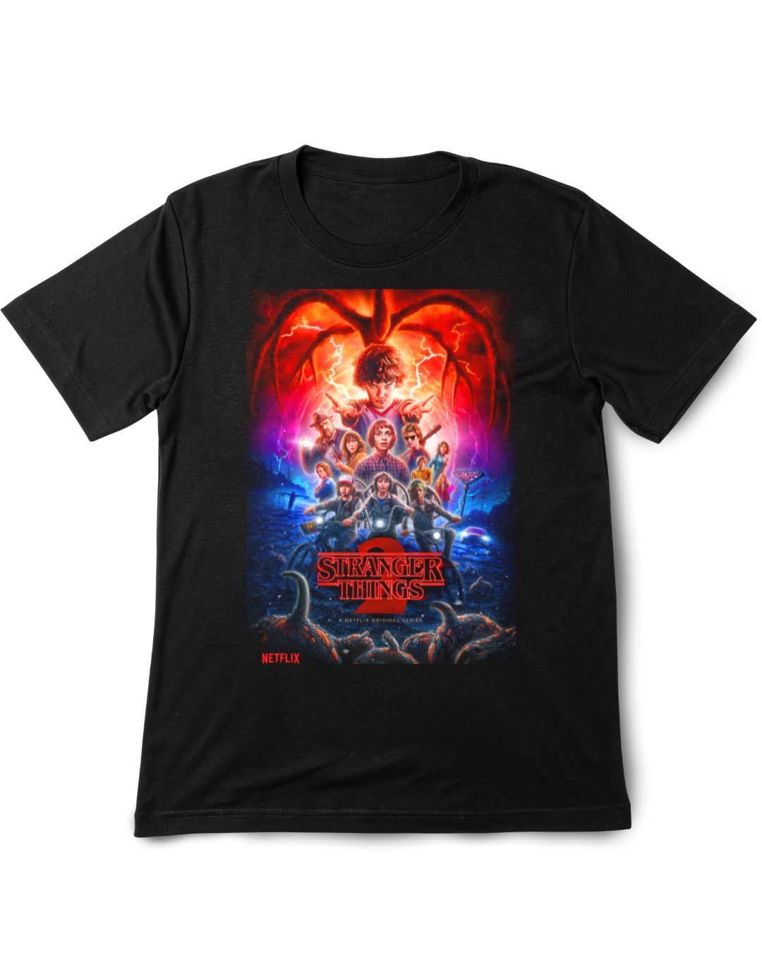 Black t-shirt with 'Stranger Things' graphic design on a white background