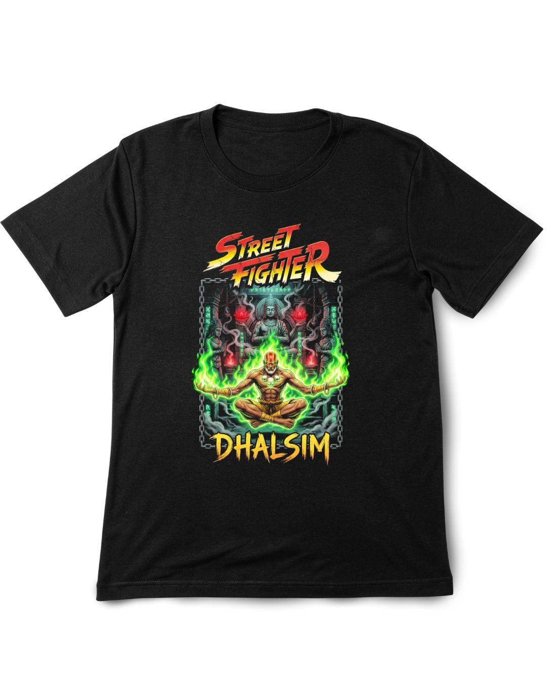 Black t-shirt with Street Fighter Dhalsim design on a white background