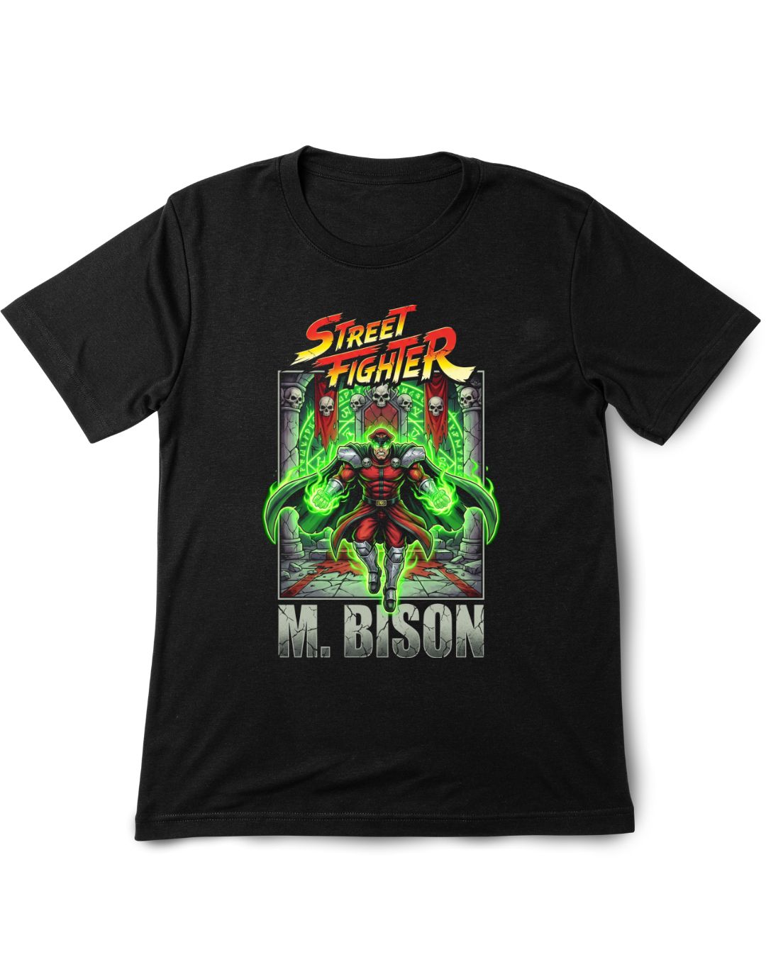 Black t-shirt with Street Fighter M. Bison graphic design on a white background