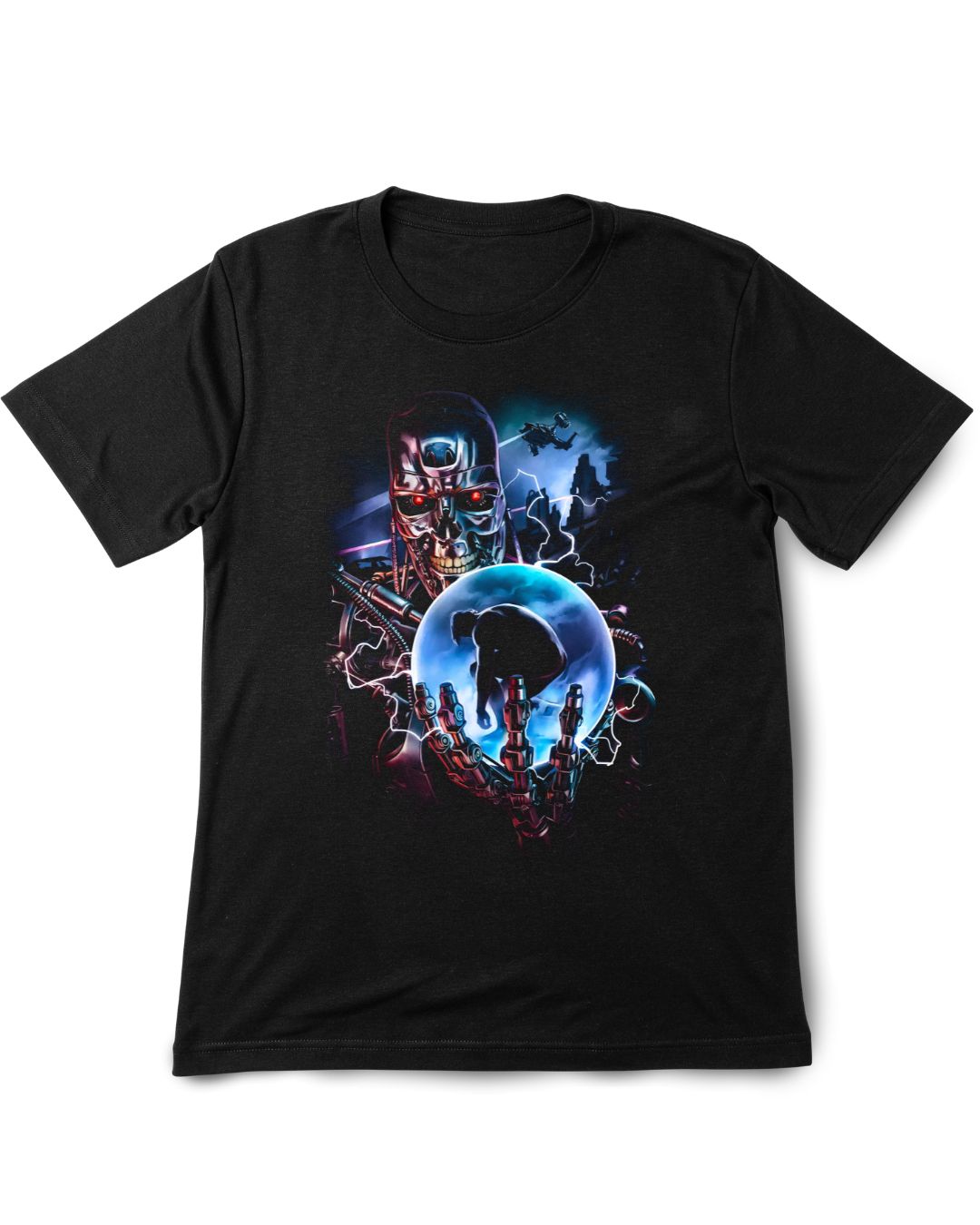 Black t-shirt The Terminator with a colorful graphic design on a white background