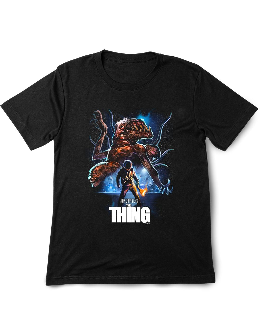 Black t-shirt with 'The Thing' graphic design featuring a creature and a person on a white background.