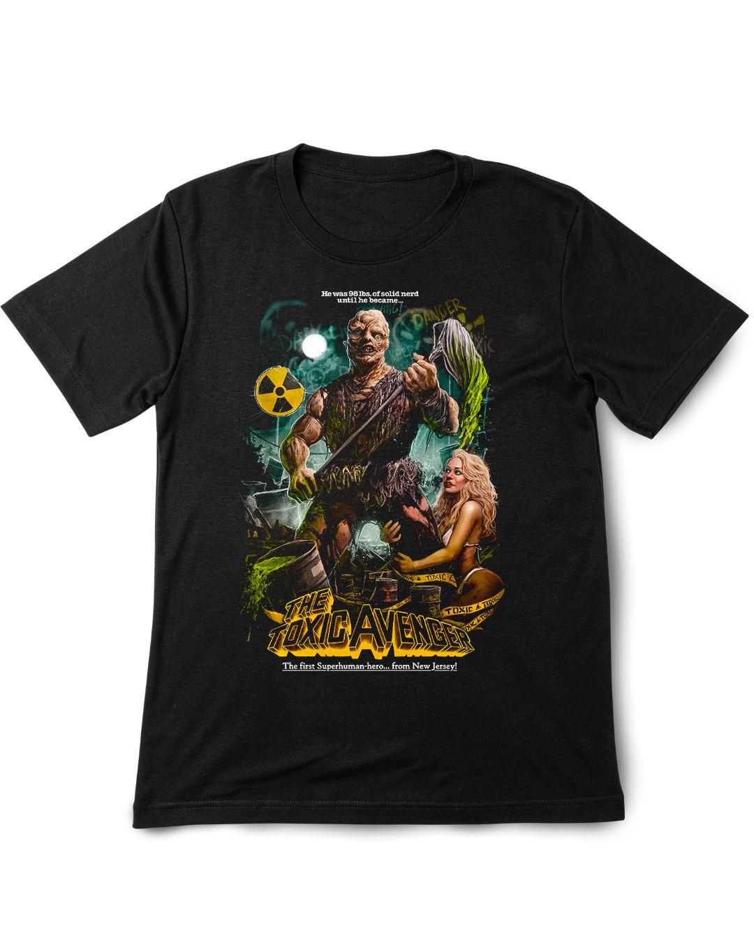 Black t-shirt Toxic Avenger with graphic design featuring a character and text on a white background