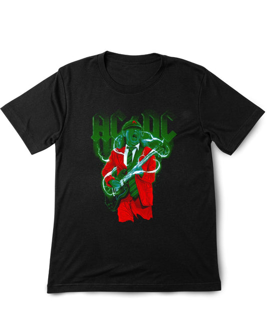 AC/DC Vintage Printed Tee Shirt Black t-shirt with a graphic design of a person playing guitar on a white background