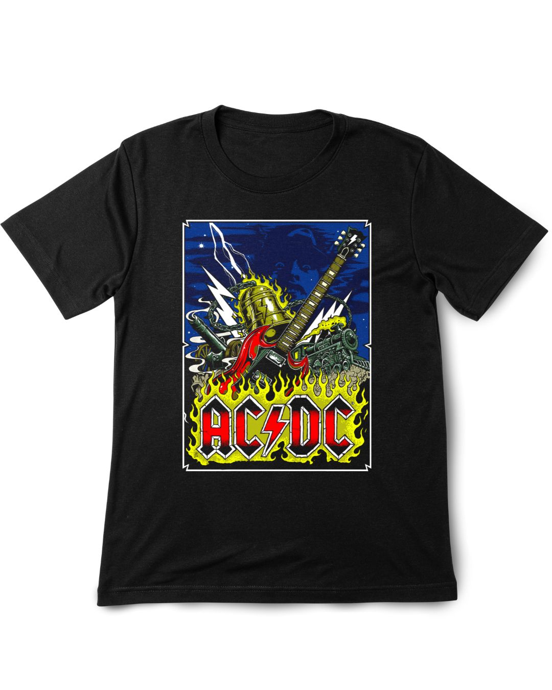 Black t-shirt with AC/DC graphic design featuring a guitar and flames on a white background