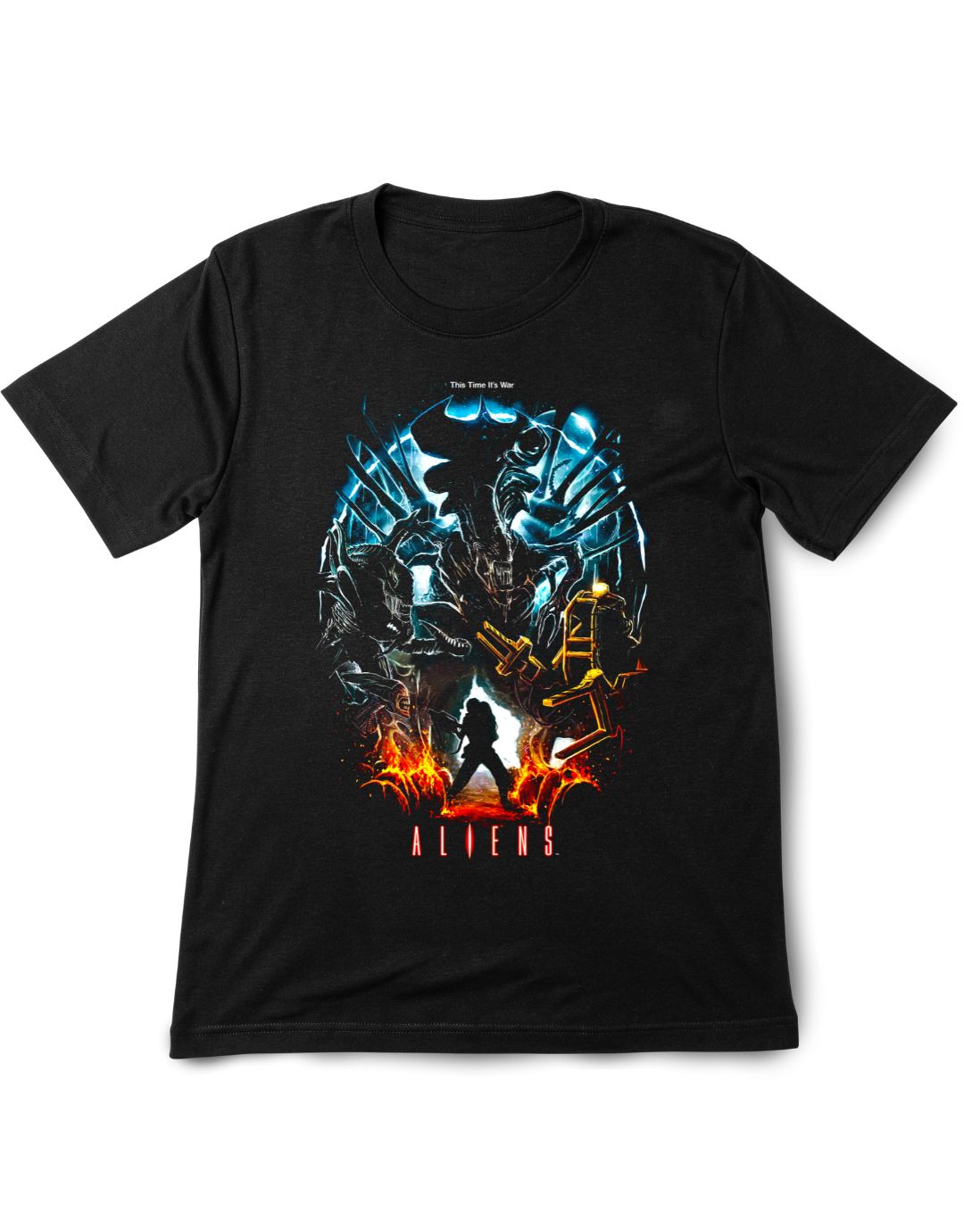 Black t-shirt with 'Aliens' graphic design featuring a robot and silhouette on a white background