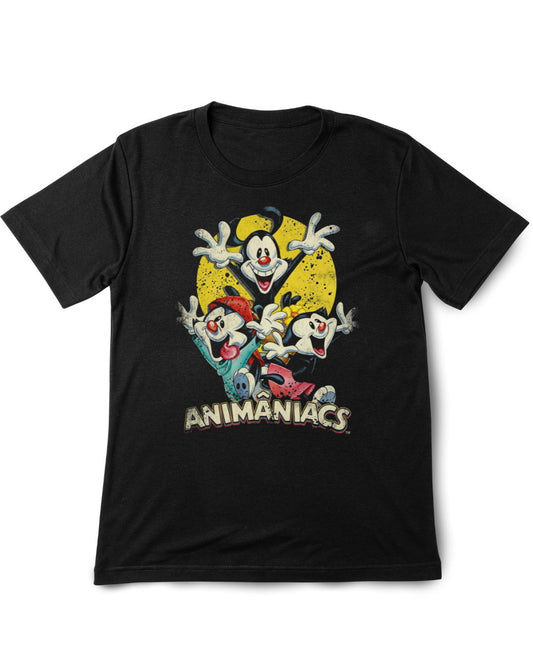 Black t-shirt with 'Animaniacs' graphic design on a white background
