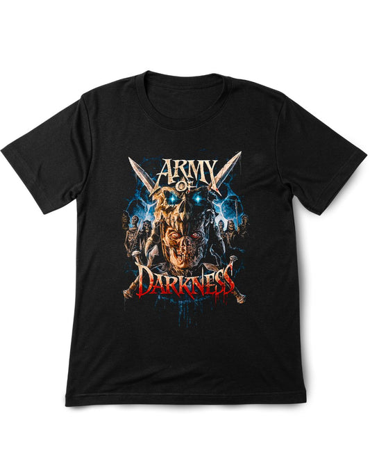 Black t-shirt with 'Army of Darkness' graphic design on a white background