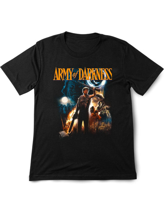 Black t-shirt with 'Army of Darkness' graphic design on a white background