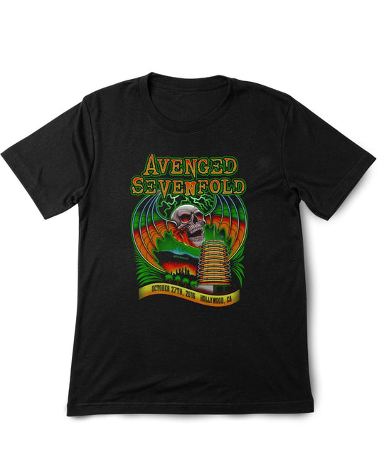 Black t-shirt with Avenged Sevenfold graphic design on a white background