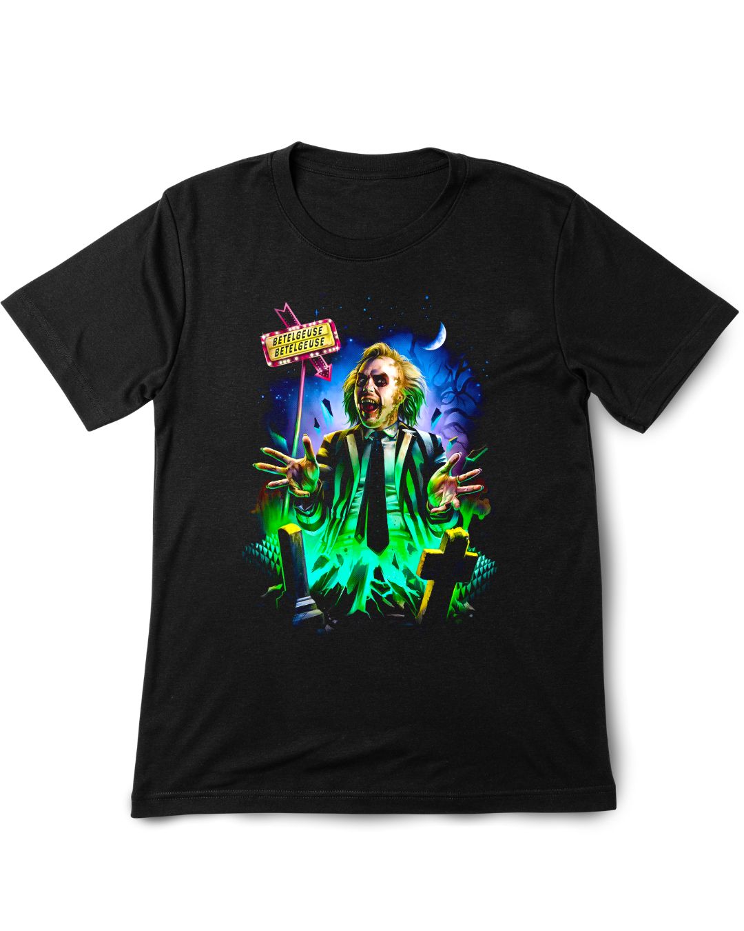 Betel Juice Black t-shirt with a colorful graphic of a character in a suit and tie, sitting on a throne-like chair.