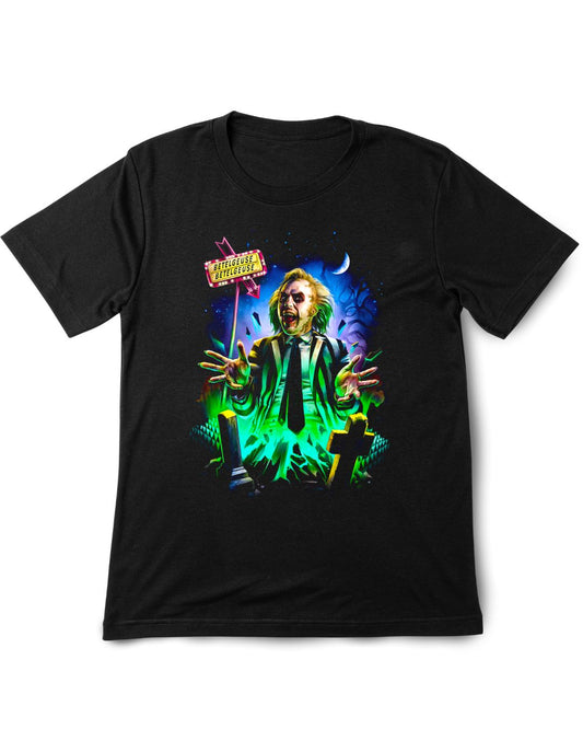 Betel Juice Black t-shirt with a colorful graphic of a character in a suit and tie, sitting on a throne-like chair.