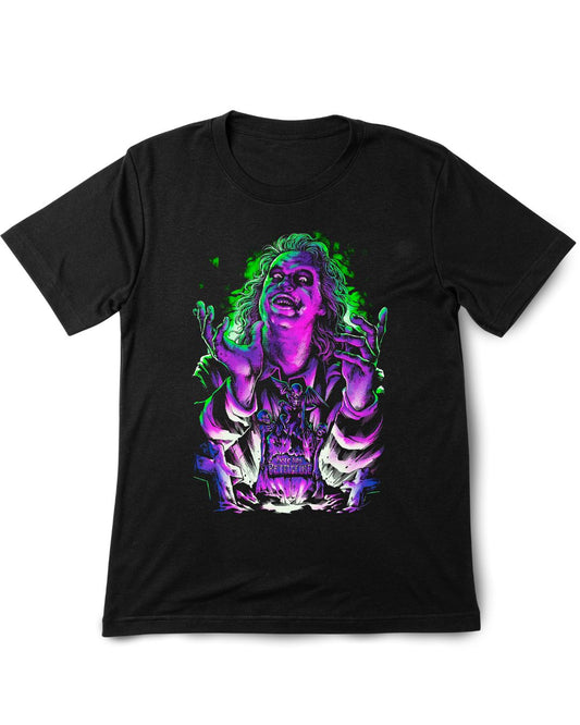 Betel Juice Black t-shirt with a colorful graphic design on a white background