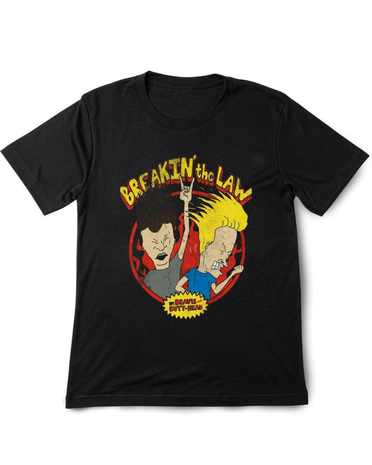 Black t-shirt with cartoon graphic and text 'Breakin' the Law' on a white background