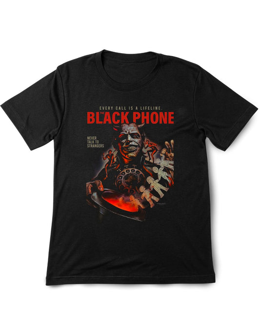 Black t-shirt with 'Black Phone' graphic design featuring a phone and text on a white background