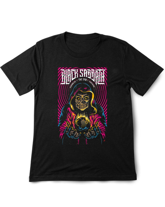 Black t-shirt with a colorful graphic of a skeleton and 'Black Sabbath' text on a white background