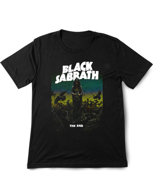 Black t-shirt with Black Sabbath graphic design on a white background