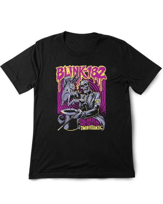 Black t-shirt with Blink-182 graphic design on a white background