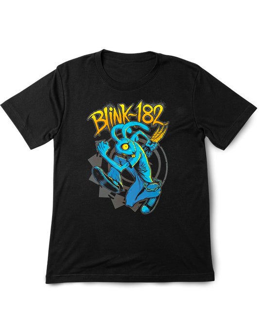 Black t-shirt with Blink-182 graphic design on a white background