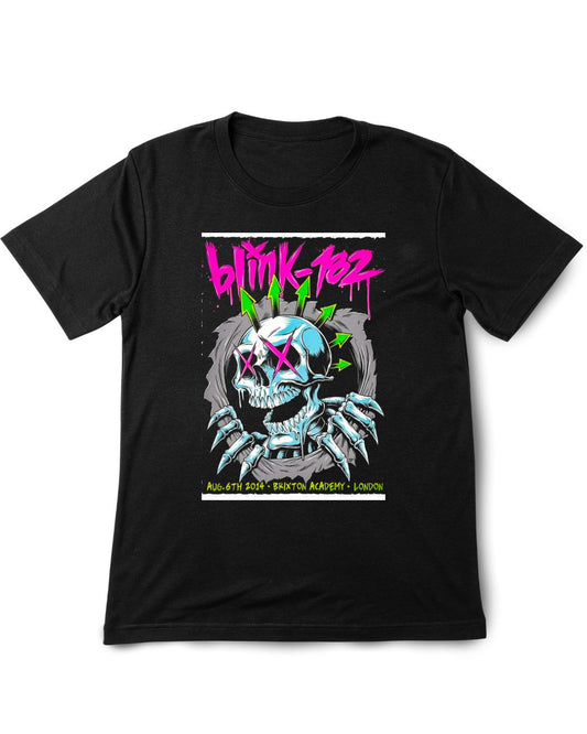 Blink 187 Black t-shirt with a colorful graphic design featuring a skull and text on a white background