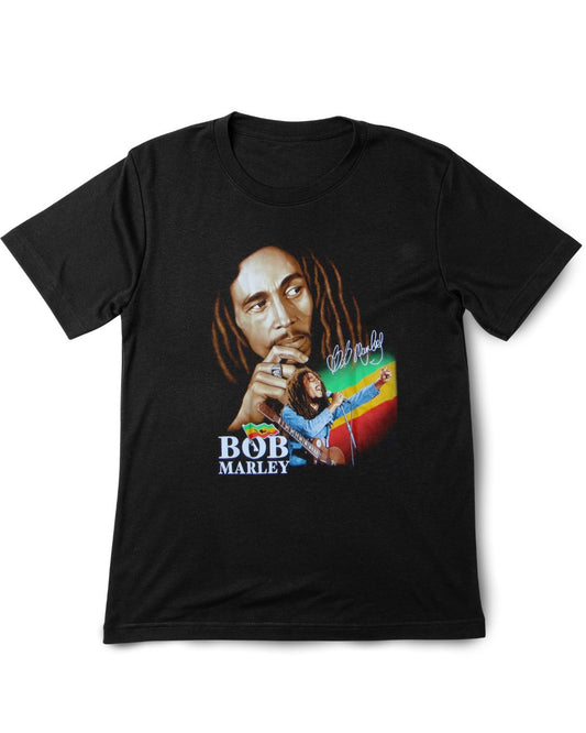 Black t-shirt with Bob Marley graphic design on a white background