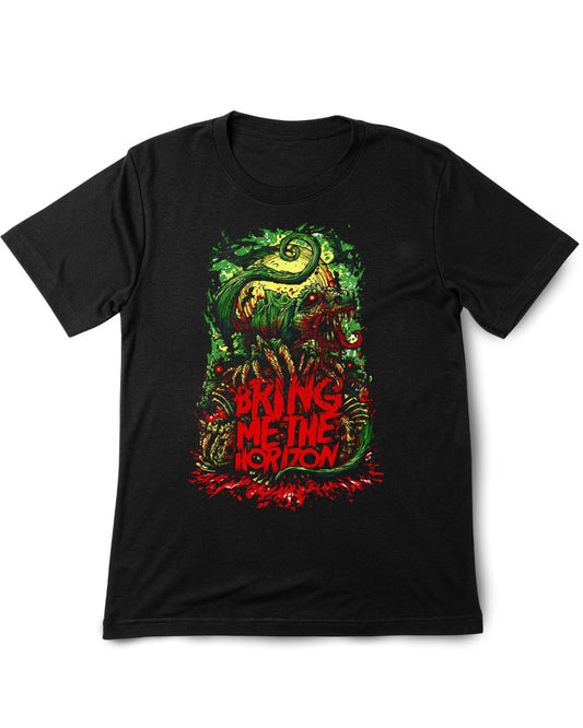 Black t-shirt with 'Bring Me the Horizon' graphic design on a white background