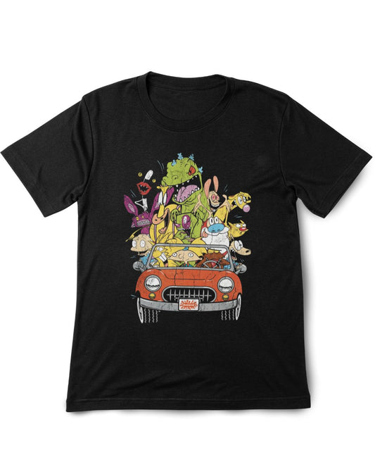Black t-shirt with colorful graphic of characters around a car on a white background