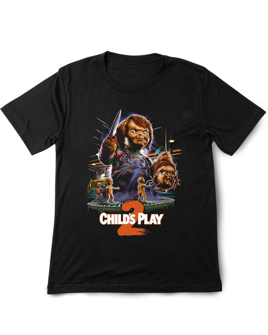 Black t-shirt with 'Child's Play 2' graphic featuring Chucky and other characters on a white background.