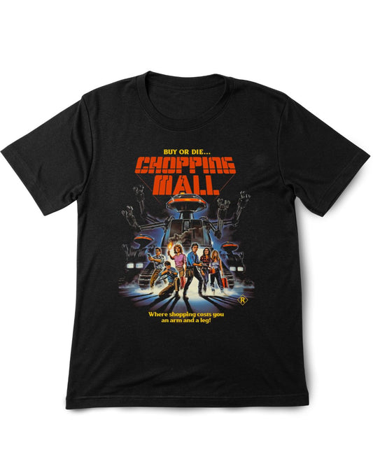 Black t-shirt with 'Chopping Mall' graphic design on a white background