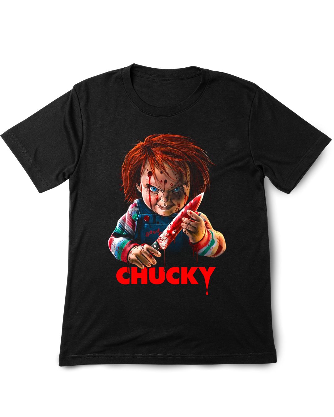 Black t-shirt with Chucky graphic and 'Chucky' text on a white background