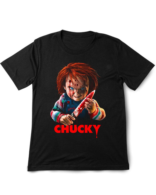 Black t-shirt with Chucky graphic and 'Chucky' text on a white background