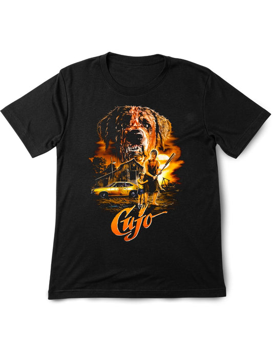 Black t-shirt with a graphic of a dog and a car, featuring the word 'Cojo.
