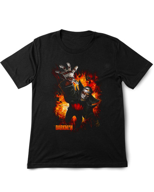 Black t-shirt with a graphic design of a character in flames and the word 'DARKMAN ' on a white background.