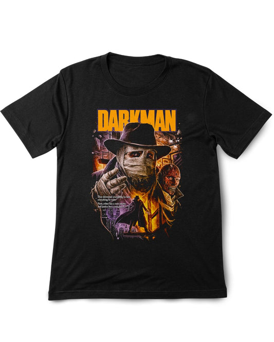 Black t-shirt with 'Darkman' graphic design featuring a masked figure and text on a white background.