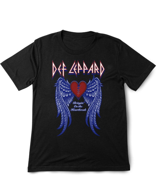 Black t-shirt with Def Leppard logo and heart design on a white background
